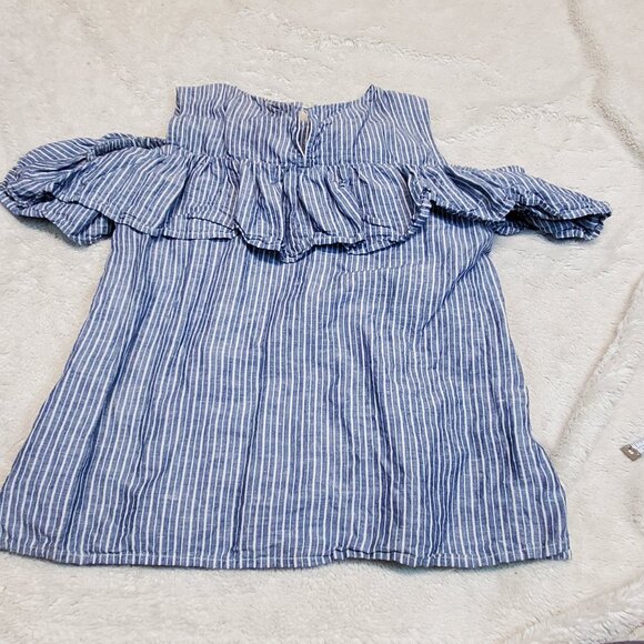 J. Crew Blue White Striped Ruffle Romantic Linen Blend Cold Shoulder Shirt Top 4 - Picture 5 of 6